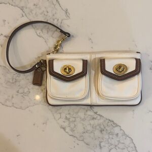 Coach White and Brown Wristlet Clutch